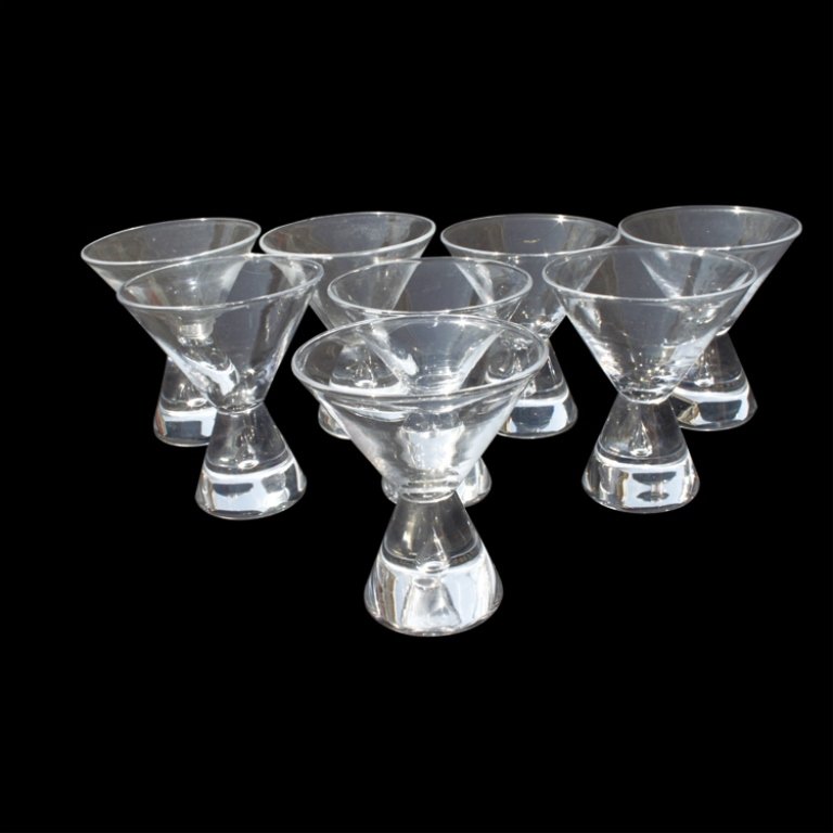 8 Steuben Teardrop Martini Glasses: Est. $1000 - 1500 8 Steuben Teardrop Martini Glasses. 8 Steuben Teardrop Martini Glasses . Marked Steuben these glasses are ranging from 3 3/4 - 4 1/16". One has chip in the rim. Third Party Shipping
