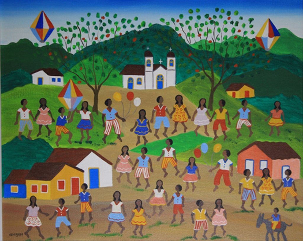 Caribbean Island Style Original Oil on Canvas: Est. $150 - 300 Caribbean Island Style Original Oil on Canvas. Original oil painting by J Birajara. Hillside church colorfully dressed people on the streets with balloons. Image is 19 3/4 x 24". Wood 