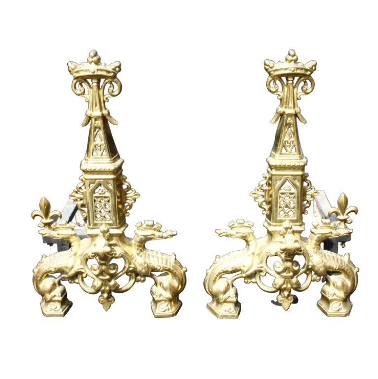 Pair of Gilt-Bronze Gothic-Revival Andirons: Est. $350 - 800 Pair of gilt-bronze Gothic-revival andirons . Est. $350.00-800.00 Pair of gilt-bronze Gothic-revival andirons (possibly English third quarter 19th century.