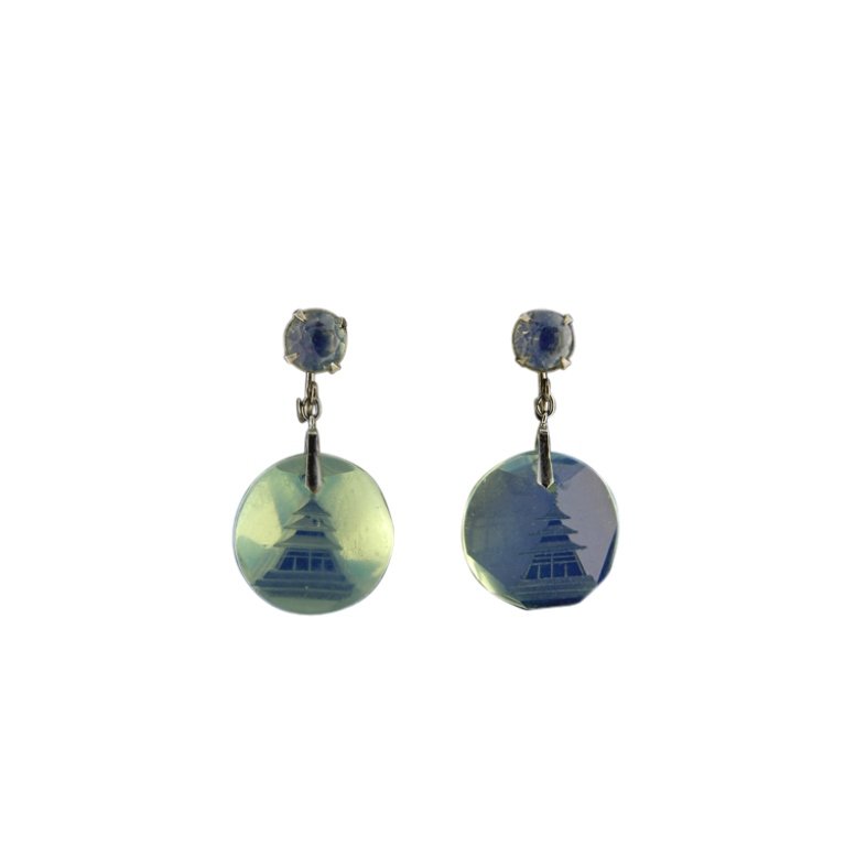 Intaglio Sterling Pendant Earring Set: Est. $25 - 40 Intaglio Sterling Pendant Earring Set. Marked Sterling. These beautiful intaglio earrings have a Pagoda in them. Screw back earrings are 1.5" long. Pendant is 1" long.