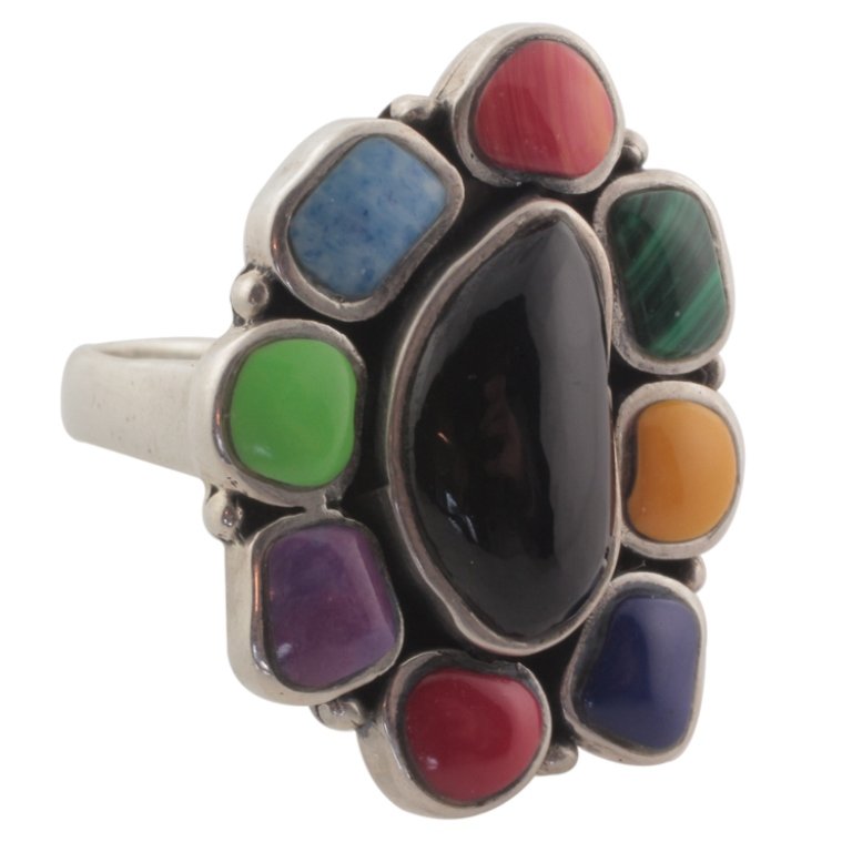 Sterling Gemstone Ring: Est. $70 - 110 Sterling Gemstone Ring. Sterling 8.8gr tw. Multi colored gemstone. Size 8.