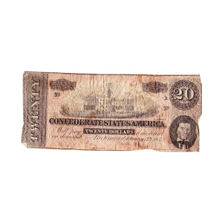 Twenty Dollar Confederate Bill: Est. $40 - 60 Twenty Dollar Confederate Bill.