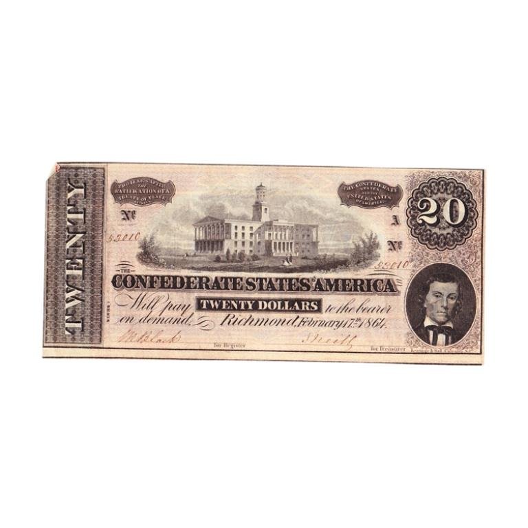 Twenty Dollar Confederate Bill: Est. $40 - 60 Twenty Dollar Confederate Bill.