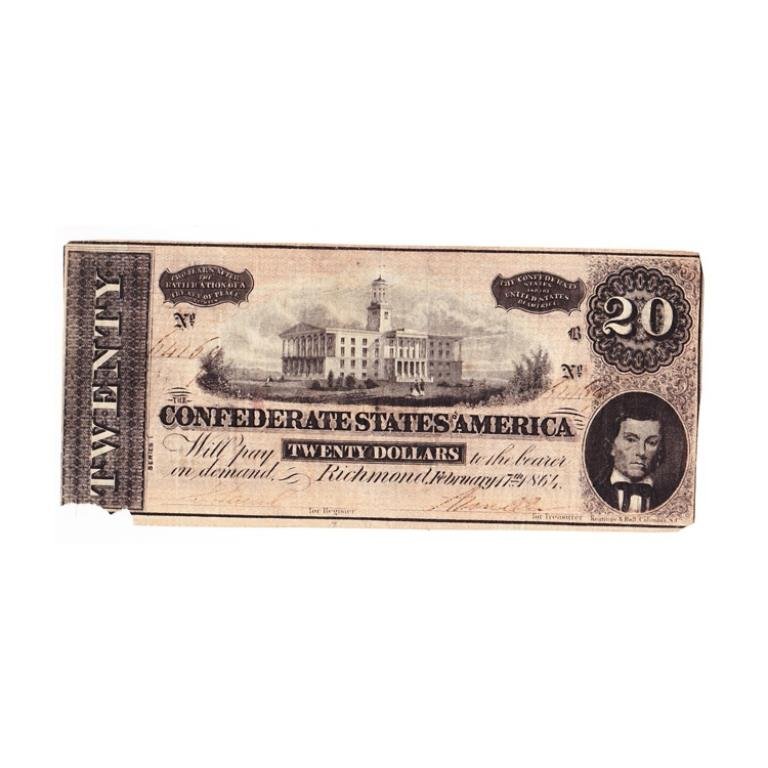 Twenty Dollar Confederate Bill: Est. $40 - 60 Twenty Dollar Confederate Bill.