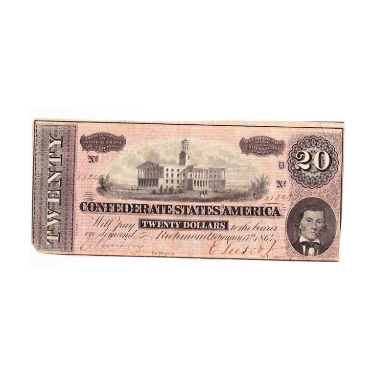 Twenty Dollar Confederate Bill: Est. $40 - 60 Twenty Dollar Confederate Bill.