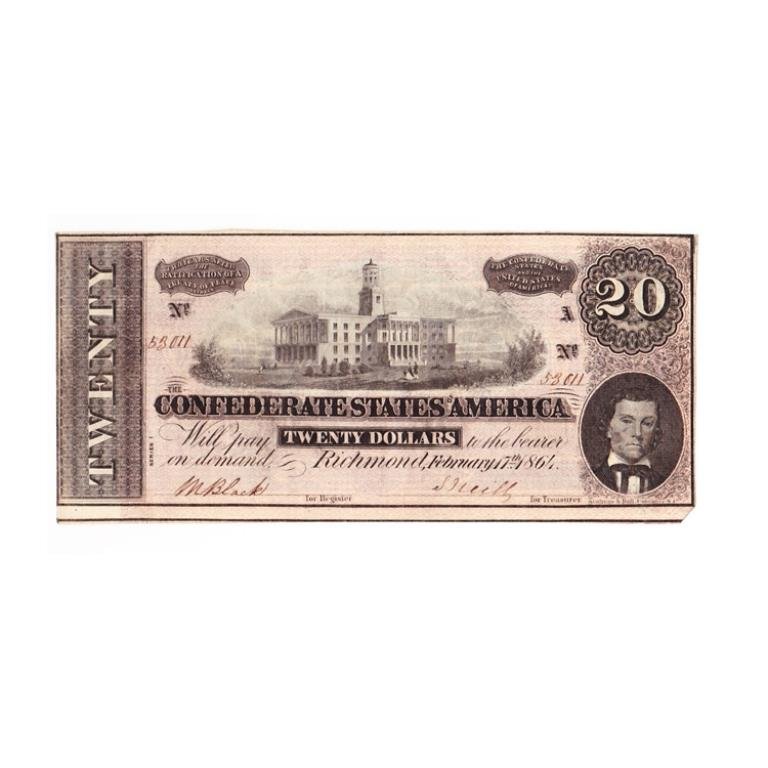 Twenty Dollar Confederate Bill: Est. $40 - 60 Twenty Dollar Confederate Bill.