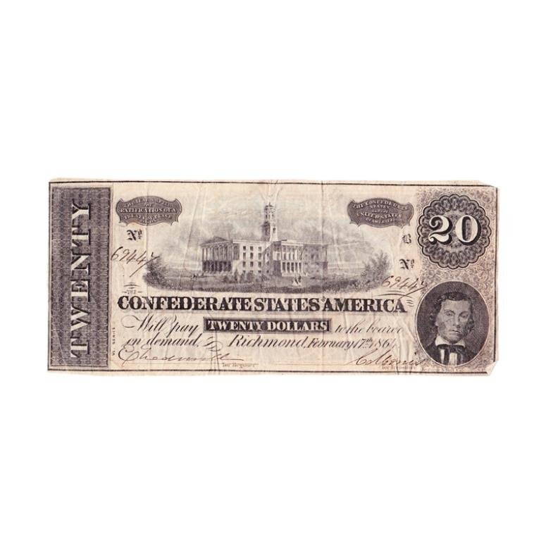 Twenty Dollar Confederate Bill: Est. $40 - 60 Twenty Dollar Confederate Bill.