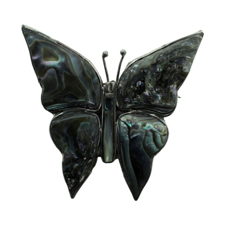 Abalone and Sterling Butterfly Brooch: Est. $20 - 40 Abalone and Sterling Butterfly Brooch. Weighs 6.6 grams. Marked Sterling, Mexico. Measures 1.75" across.