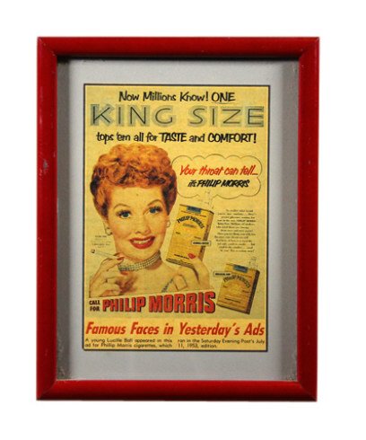 Framed Lucille Ball Philip Morris Advertisement: Est. $ 30 - 50 Framed Lucille Ball Philip Morris Advertisement Ad measures 7.75 inches tall by 5.375 inches wide. Frame measures 10.5 inches tall by 8.25 inches wide.