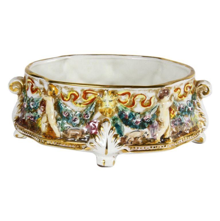 Capodimonte Cherub Footed Dish: Est. $ 50 - 60 Capodimonte Cherub Footed Dish. Marked, this footed dish is 3.5 x 9.5 x 6".
