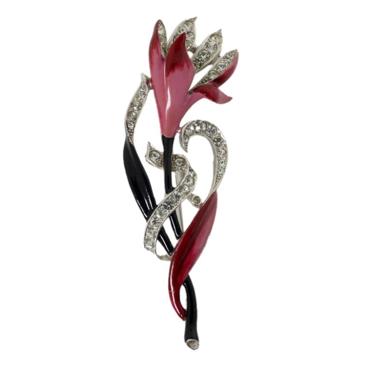 Vintage Trifari Floral Brooch: Est. $ 40 - 60 Vintage Trifari Floral Brooch. Painted enamel and rhinestone. Single rhinestone missing at base of stem. 3.5 x 1.25". Marked Trifari.