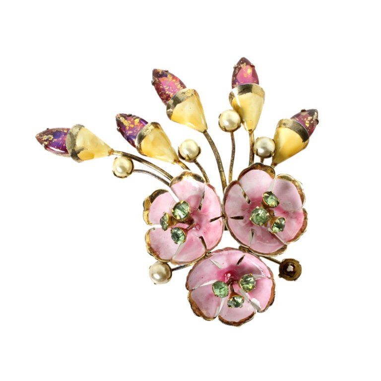 Vintage Sandor Painted Enamel Brooch: Est. $ 60 - 90 Vintage Sandor Painted Enamel Brooch. Sterling floral brooch. Painted enamel with faux pearls and gemstones. 2.5 x 3". 22.3 grams. Marked Sterling and Sandor. Loss of paint and faux pea