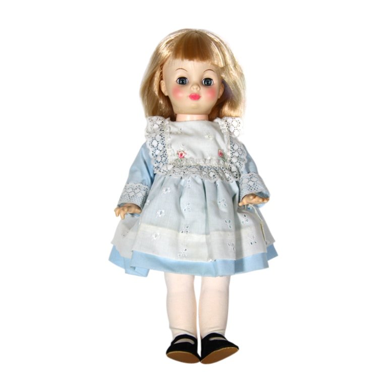 Jolly Toys Girl doll: Est. $ 30 - 50 Jolly Toys Girl doll. No box. No name. 6. Little blonde girl with blue and white dress. 15" tall