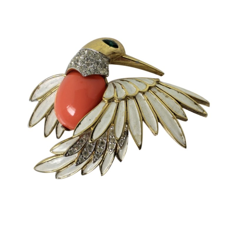 Vintage Jomaz Bird Brooch: Est. $ 100 - 150 Vintage Jomaz Bird Brooch. Gold tone with rhinestones, cabochon and painted enamel. Some loss of enamel. Marked Jomaz. 2.25 x 2 inches.