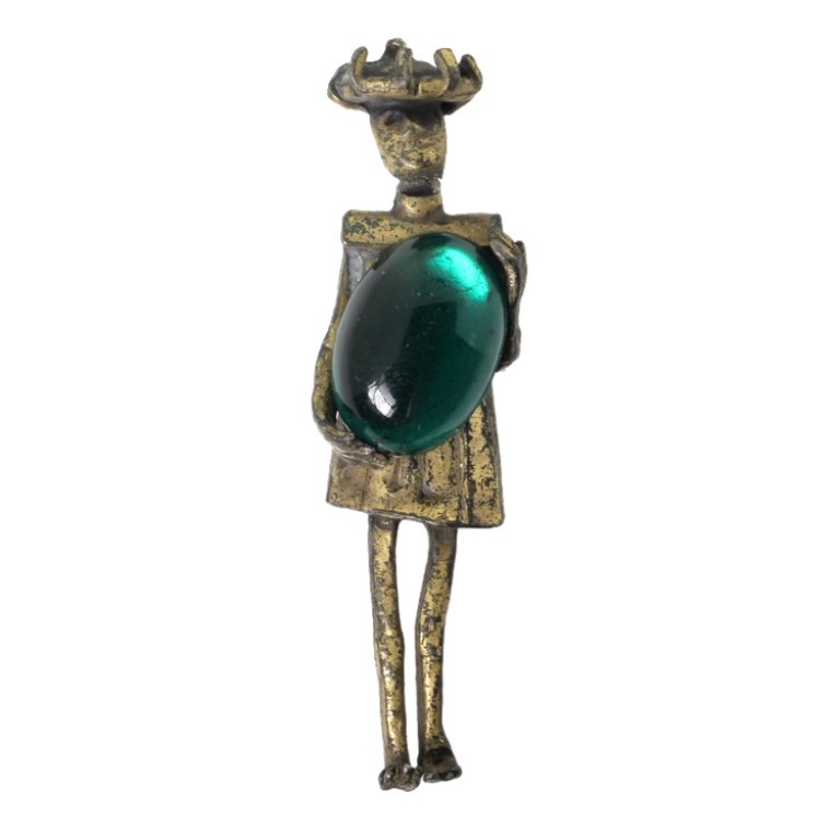 Vintage Standing Man Clip: Est. $ 50 - 100 Vintage Standing Man Clip . Vintage gold tone with green cabochon. Neck area is weak. Unmarked. 2.25 inches tall.