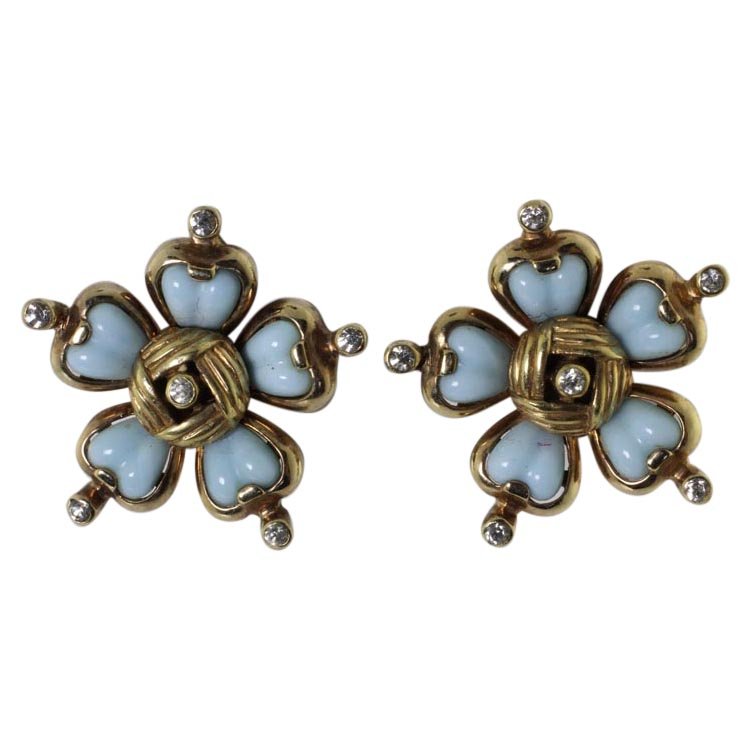 Vintage Mazer Bros Earrings: Est. $ 75 - 125 Vintage Mazer Bros Earrings. Gold tone clip style earrings with cabochon and rhinestones. Marked Mazer Bros. 1 inch diameter.