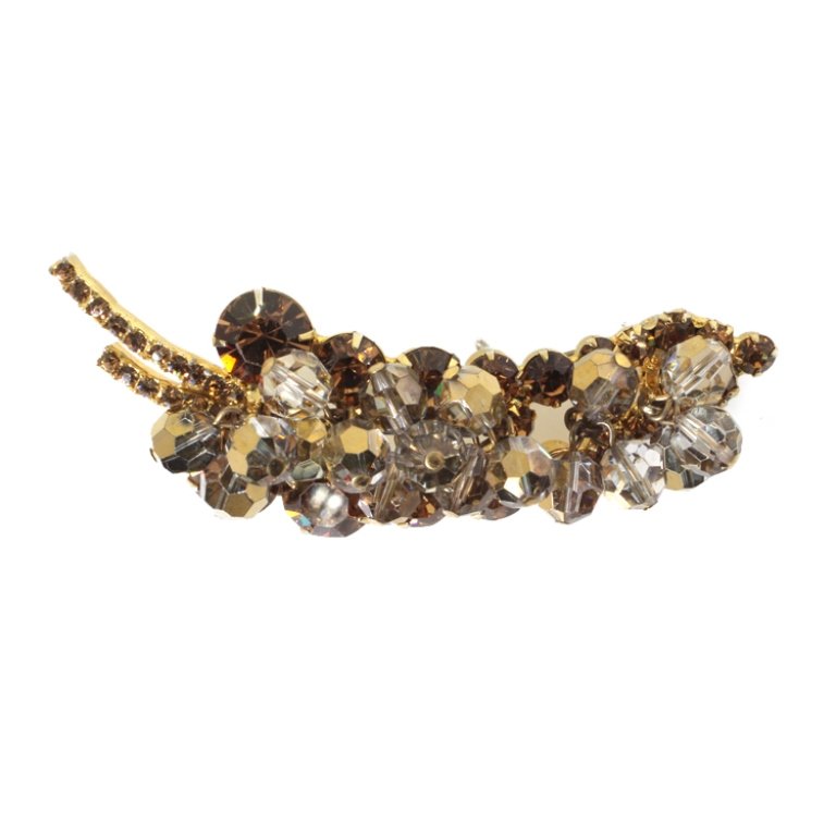 Juliana DeLizza & Elster Beaded Spray Brooch: Est. $ 100 - 200 Juliana DeLizza & Elster Beaded Spray Brooch. Vintage brooch in spray style with mink brown rhinestones and light gray glass dangle beads with iridescent finish. Unmarked – verified