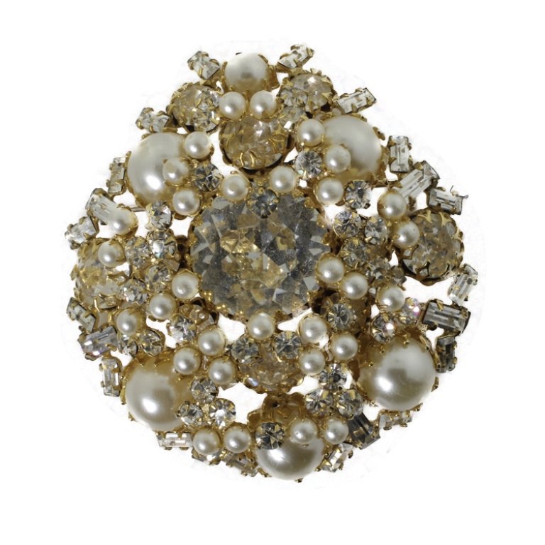 Schreiner New York Pendant Brooch: Est. $ 150 - 300 Schreiner New York Pendant Brooch. Gold ton brooch pendant with rhinestones and faux pearls. 2.25 x 2 inches. Marked Schreiner, New York.