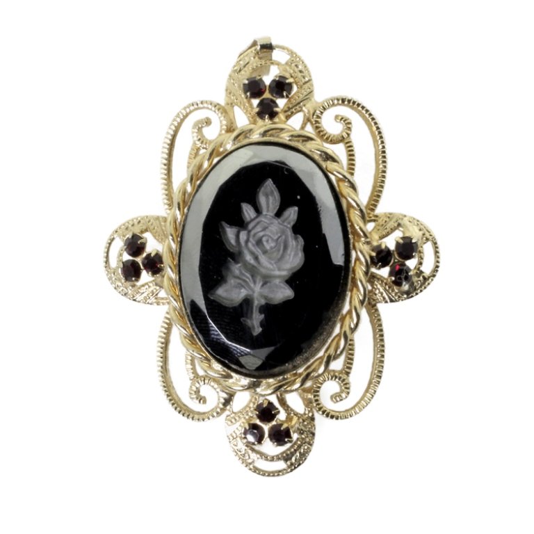 Vtg. Intaglio Rose Brooch Pendant: Est. $ 20 - 40 Vtg. Intaglio Rose Brooch Pendant. Unmarked pendant brooch has intaglio rose. 2 x 1.5".