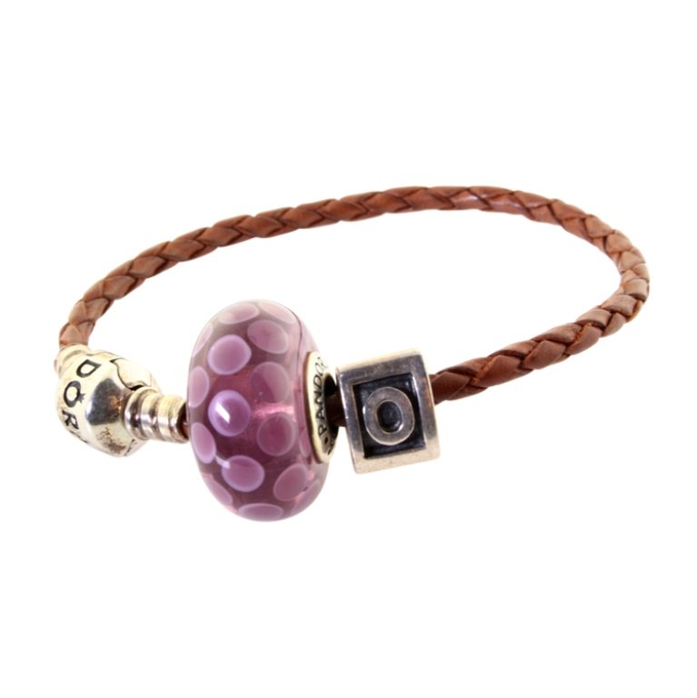 Pandora Brown Leather Bracelet with 2 Charms (1 of 1)