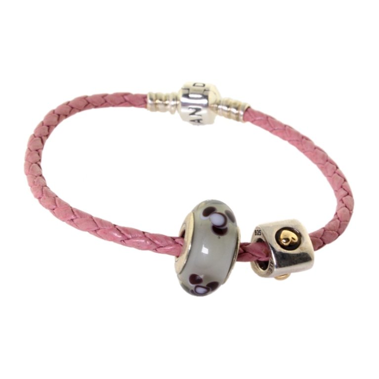 Pandora Pink Leather 2 Charm Bracelet (1 of 1)