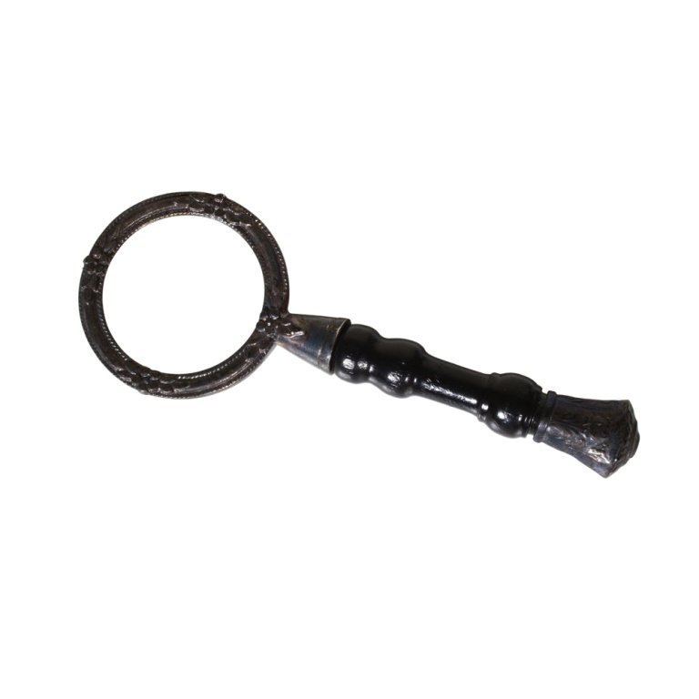 Vintage Magnifying Glass: Est. $ 20 - 40 Vintage Magnifying Glass. Wooden handle with silver? Rim and accents. 4.5 x 1.75 inches.