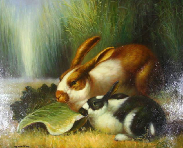 Two Rabbits Eating Lettuce Painting