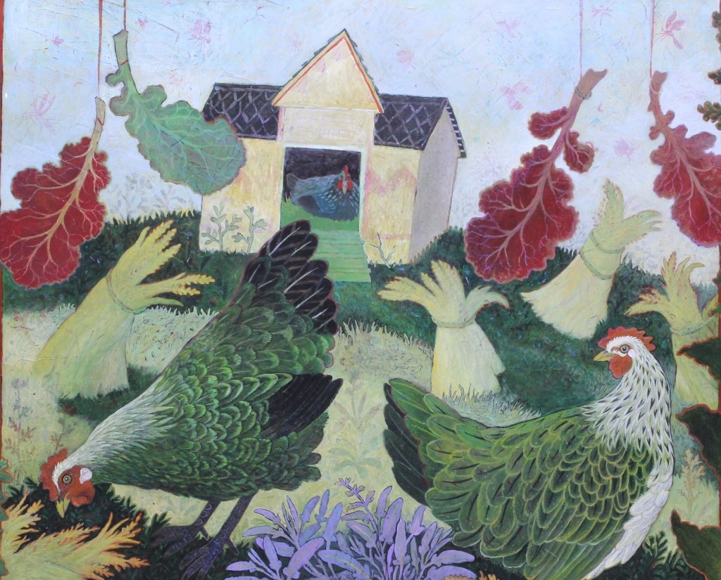 Original Anna Pugh Hepsipah & Henryetta: Est. $ 400 - 750 Original Anna Pugh Hepsipah & Henryetta. Oil on board. Folk art farm scene with chickens. Image 24 x 18.75 inches. Painted frame. Overall 34.75 x 29.75 inches. Signed lower right.