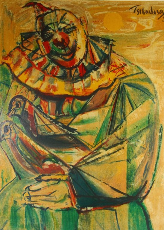 Nahum Tschacbasov Lithograph: Est. $ 100 - 200 Nahum Tschacbasov Lithograph. Nahum Tschacbasov ( Russian/ American 1899-1984). Lithograph of clown holding birds. Image 25.5 x 19 inches. Wood frame. Overall 30.75 x 24.5 inches.