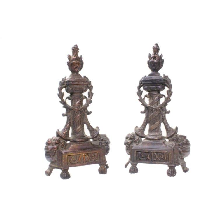 Victorian Cast Copper Andirons: Est. $ 50 - 70 Victorian Cast Copper Andirons. Missing back leg. Measures 13.5 inches tall.