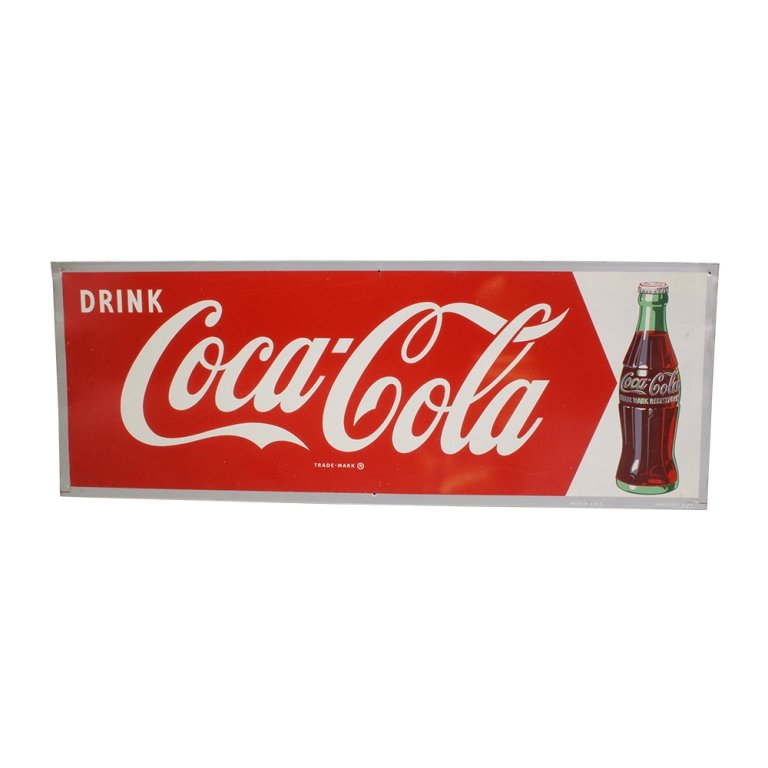 Drink Coca Cola with Bottle Sign: Est. $ 25 - 50 Drink Coca Cola with Bottle Sign. Metal sign is 11.75 x 31.5 inches. Some scratches and rust.