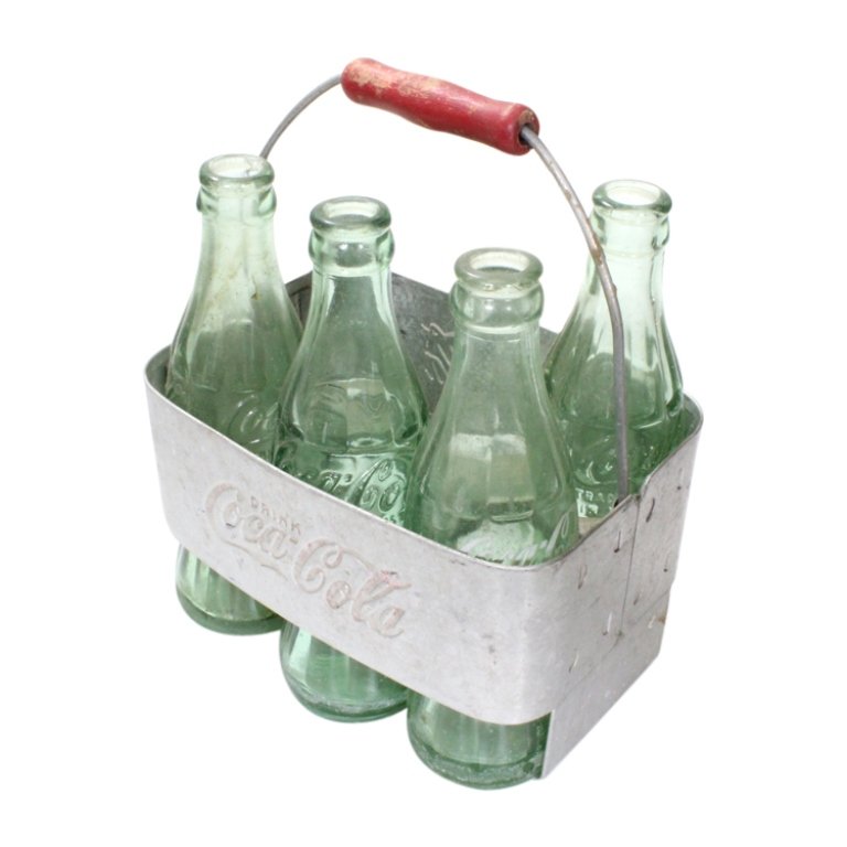 Vintage Metal Coca Cola Metal Carrier with Bottles: Est. $ 50 - 75 Vintage Metal Coca Cola Metal Carrier with Bottles. Metal carrier holds 6 bottles. Comes with 4 bottles.
