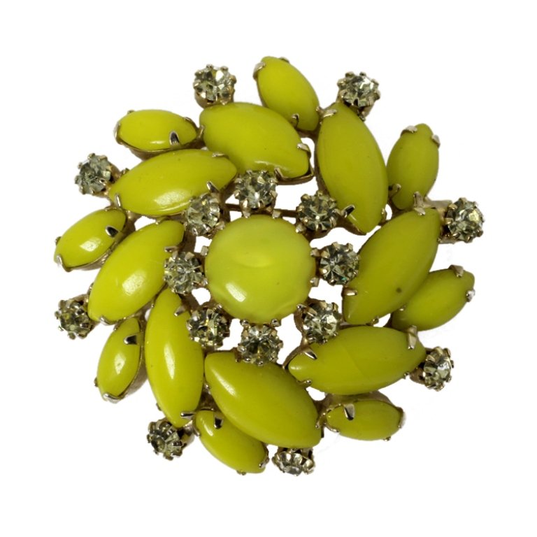 Weiss Cabochon Brooch: Est. $ 50 - 100 Weiss Cabochon Brooch. Gold tone brooch with lemon yellow cabachon and light yellow rhinestones. Marked Weiss. 1.75 inch diameter.
