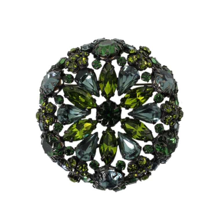 Vintage Schreiner New York Brooch: Est. $ 200 - 350 Vintage Schreiner New York Brooch. Blue and green colored rhinestones. Marked Schreiner New York. 2.25 inch diameter.