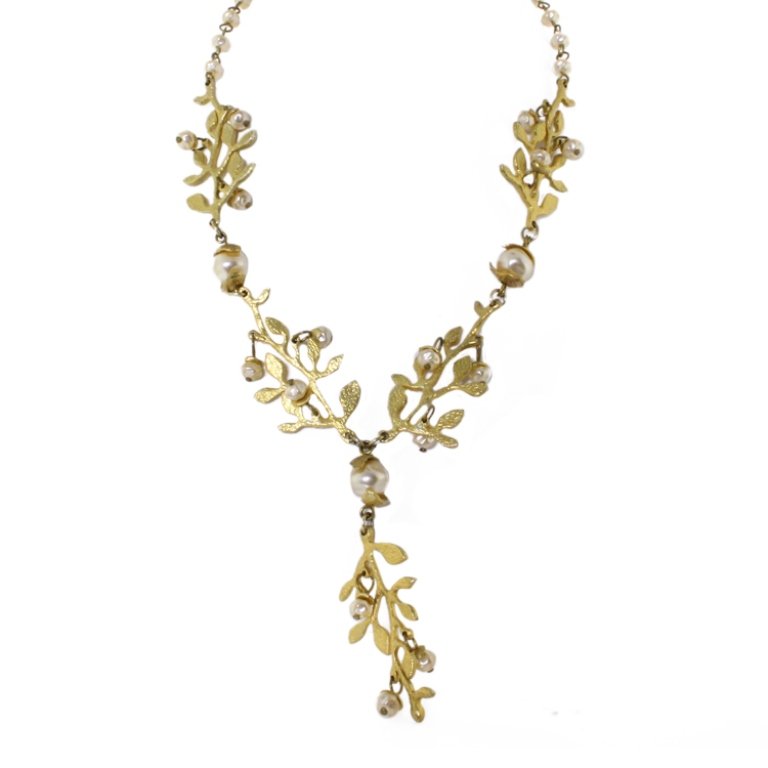 Cecile Jeanne Paris Pearl & Floral Necklace: Est. $ 25 - 75 Cecile Jeanne Paris Pearl & Floral Necklace. Gold tone stylized floral theme necklace with pearl accents. Marked Cecile Jeanne Paris. 18.5 inches long.