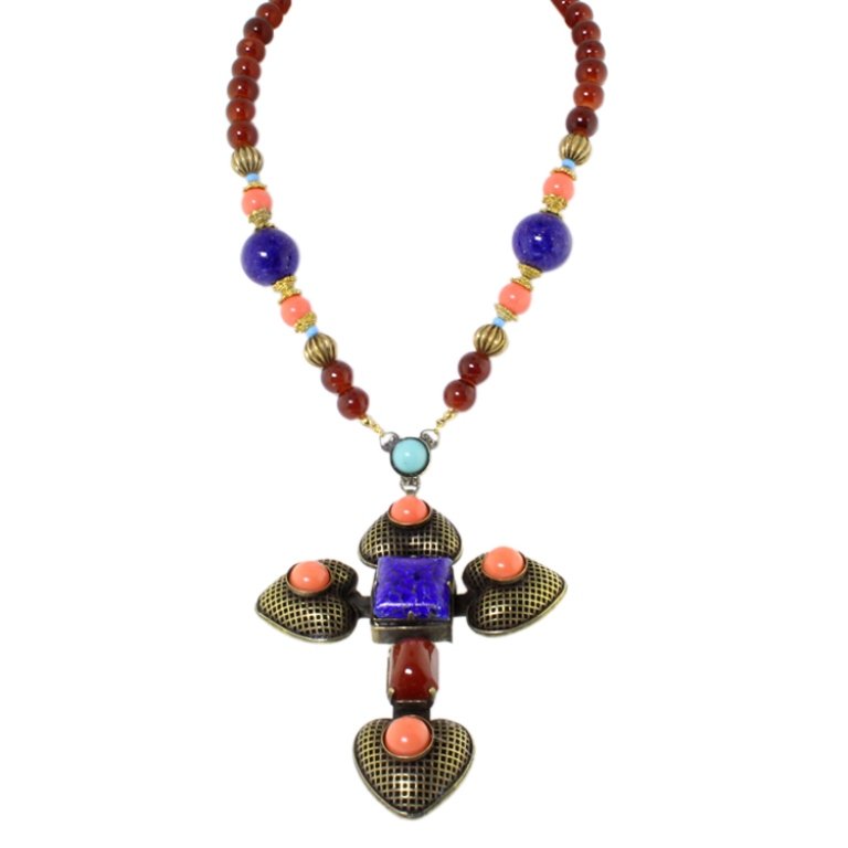 Lawrence Vrba Coral and Lapis Cross Necklace (1 of 3)