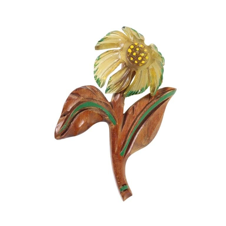 Carved Celluloid & Wood Flower Brooch (1 of 2)