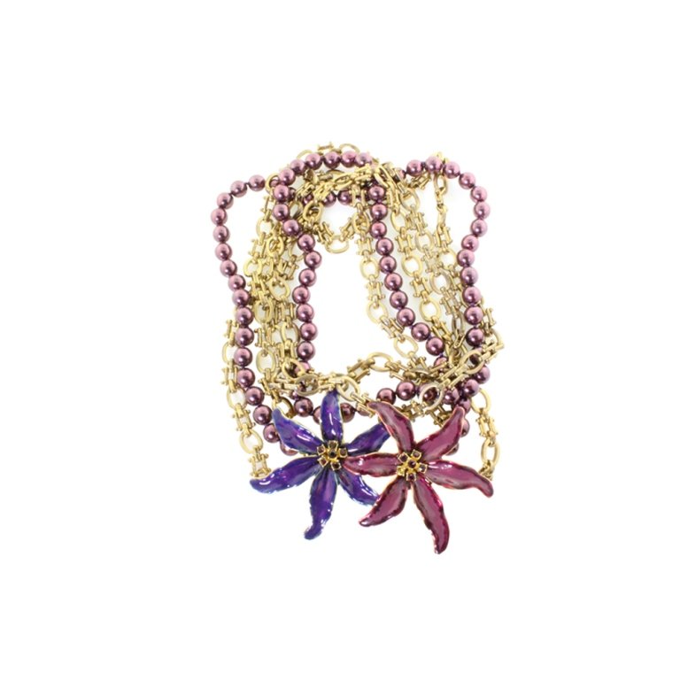 Kenneth J Lane Triple Strand Lily Necklace: Est. $ 25 - 50 Kenneth J Lane Triple Strand Lily Necklace . Triple strand necklace with two gold links and one faux pearl. Two painted enamel lily flowers. Missing rhinestone accent. 34 inches long.