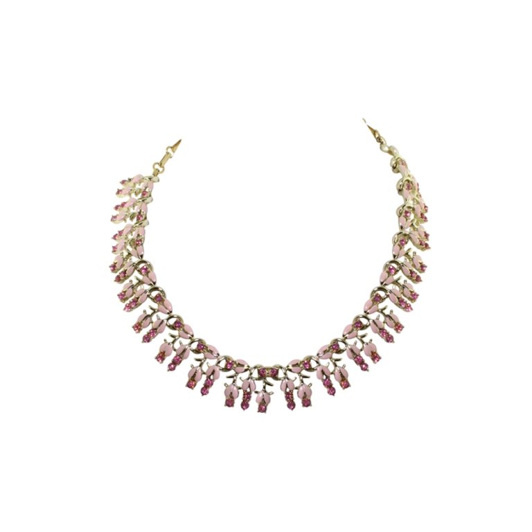 Coro Pink Rhinestone Necklace: Est. $ 20 - 40 Coro Pink Rhinestone Necklace. Gold tone necklace with pink rhinestones and pink enamel accents. Marked Coro. 18 inches long.