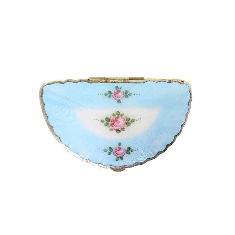 Vintage Guilloche Compact: Est. $ 50 - 75 Vintage Guilloche Compact. Unmarked powder and rouge compact with puffs still inside. 3 x 2 inch fan shape.