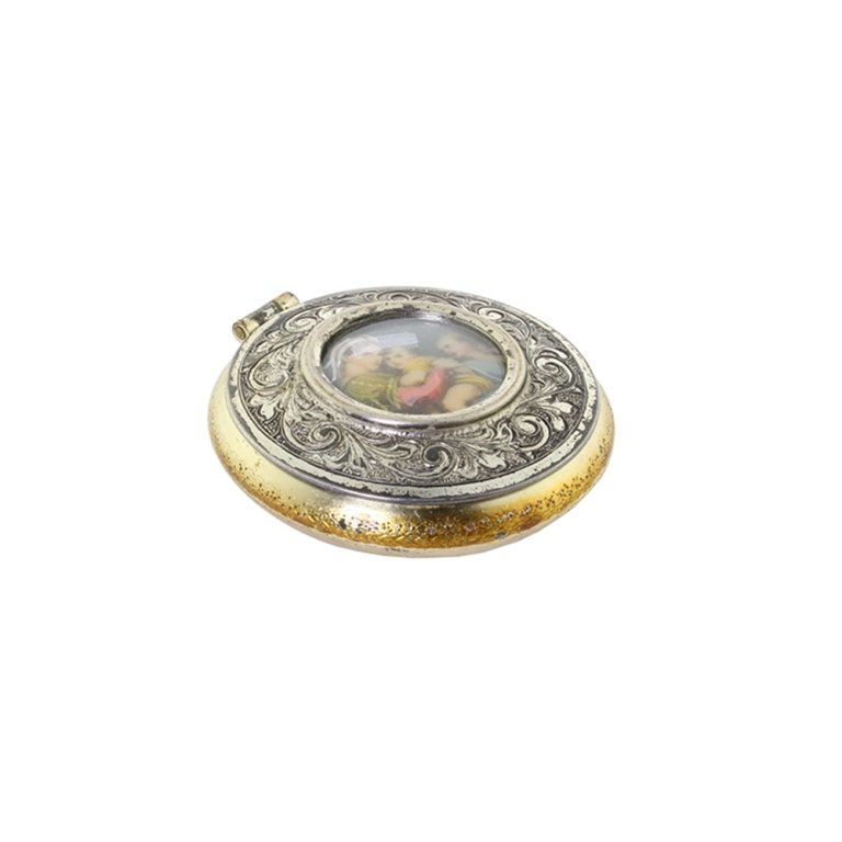 Vintage Made in Italy Pill Box: Est. $ 50 - 75 Vintage Made in Italy Pill Box. Marked Made in Italy inside. Pill box is silver and gold tone with picture of Mother and Children on the front. 1.75 inch diameter.