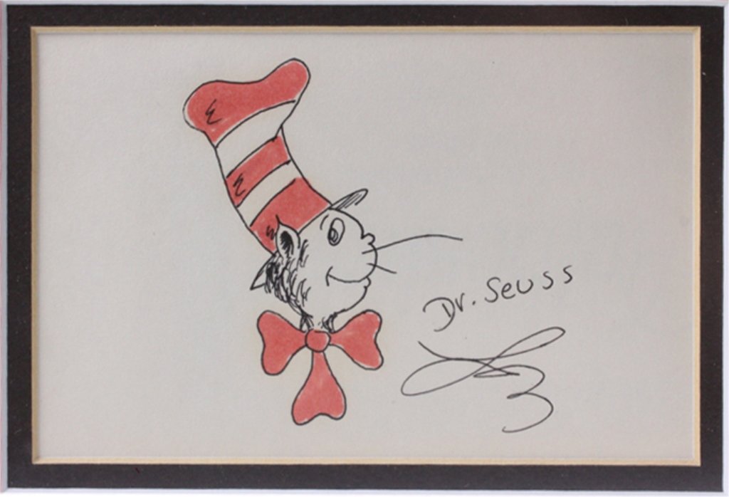 Cat in the Hat Dr. Seuss(Geisel): Est. $ 500 - 600 Cat in the Hat Dr. Seuss(Geisel). Framed and Matted. Sketch measures approximately 4 by 6 inches. Frame measures 8.875 by 10.875 inches. Signed Dr. Seuss.