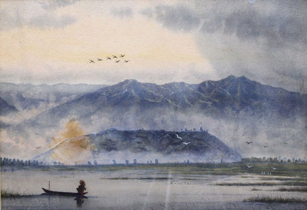 Asian Water and Mountain Scene Original Watercolor (1 of 3)