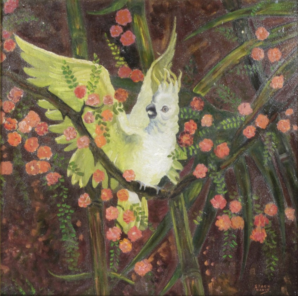 Oil on Board by Stark Davis: Est. $ 1500 - 2500 Stark Davis, Oil on Board. Artist Stark Davis (American 1885-1950). Large bird and floral oil on board. Signed lower right. Small spot on upper right maybe loss to paint. Image 29 x