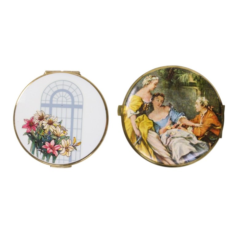 Pocket Mirror And Compact: Est. $ 5 - 10 Pocket Mirror And Compact . Pair of yellow metal compacts with polychrome decoration.