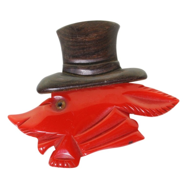 Bakelite Wood Dog with Top Hat Pin/Brooch (1 of 2)