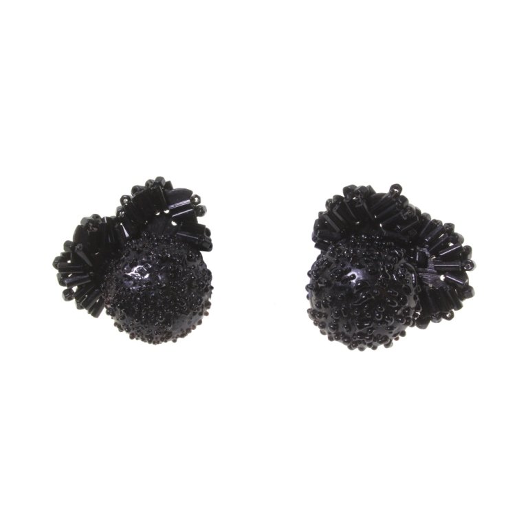 Miriam Haskell Black Glass Bead Earrings: Est. $ 50 - 100 Miriam Haskell Black Glass Bead Earrings. Black clip style earrings with black glass tube beads and button shaped center. Marked Miriam Haskell. Measures 1.25 inches.