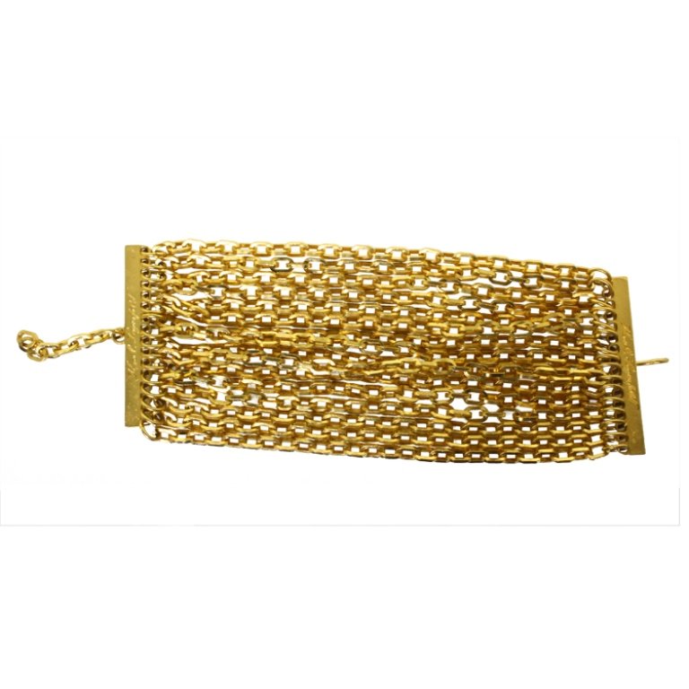 Karl Lagerfeld 16 Strand Bracelet: Est. $ 80 - 150 Karl Lagerfeld 16 Strand Bracelet. Measures 8.375 inches long and 2.25 inches across. Signed Karl Lagerfeld. Gold tone Bracelet.