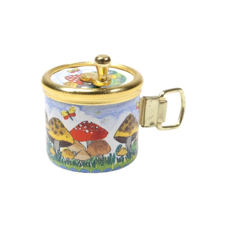 Mushrooms Halcyon Days Enamel Tape Measure: Est. $ 80 - 100 Mushrooms Halcyon Days Enamel Tape Measure. Measures 1 inch by 1 inch. Marked Halcyon Days Enamels England.