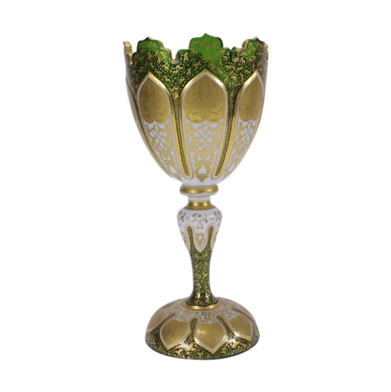 Bohemian Czech Emerald Green Cut Art Glass Chalice (1 of 3)
